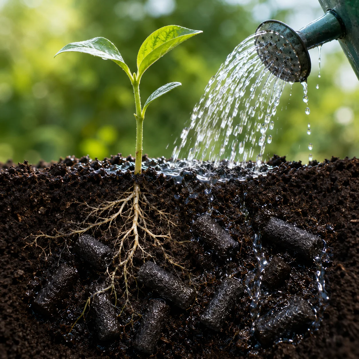 Watering a plant with INTON GLOBAL pellets