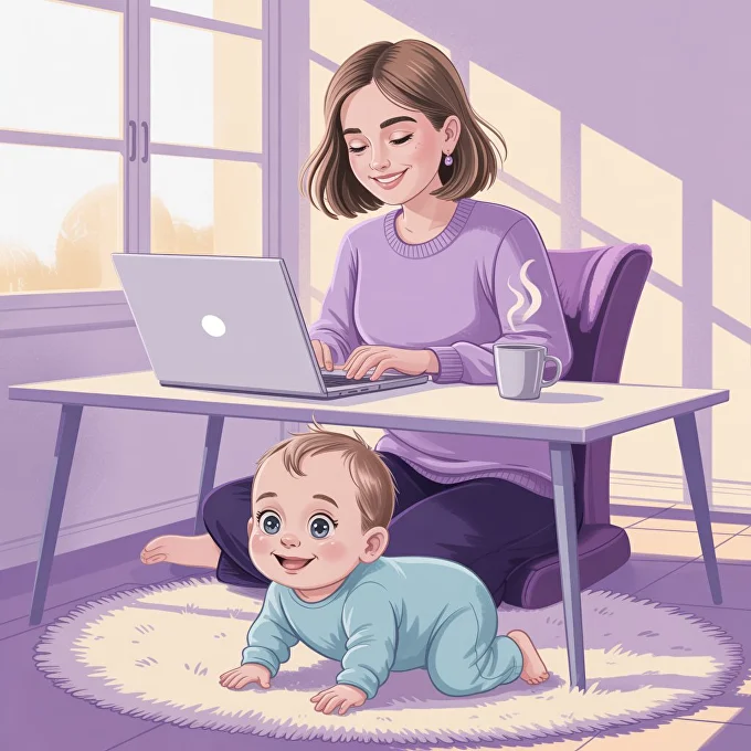 Мама работает за ноутбуком, рядом ребёнок