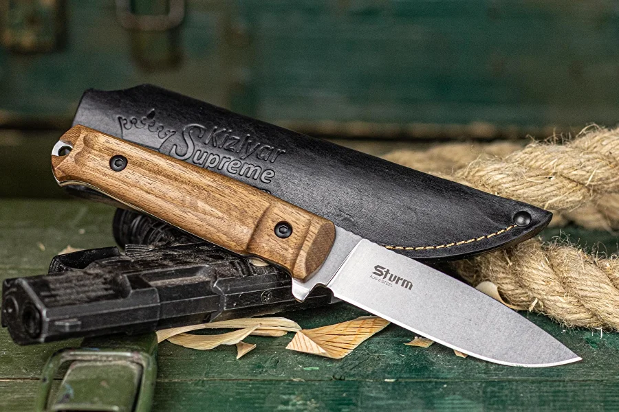 Walnut Sturm knife with leather sheath