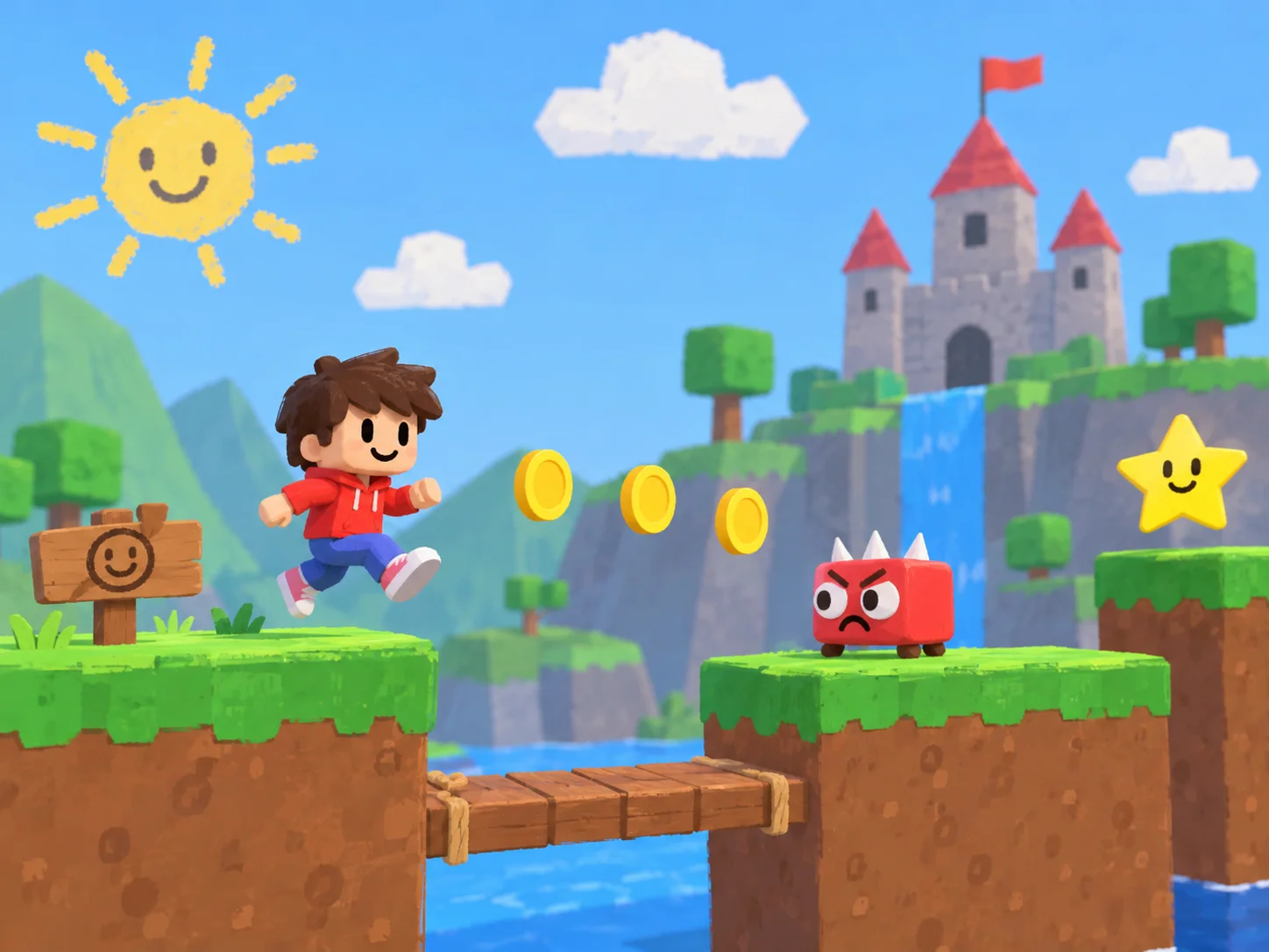 Иллюстрация детского игрового проекта — платформер с персонажем и монетами