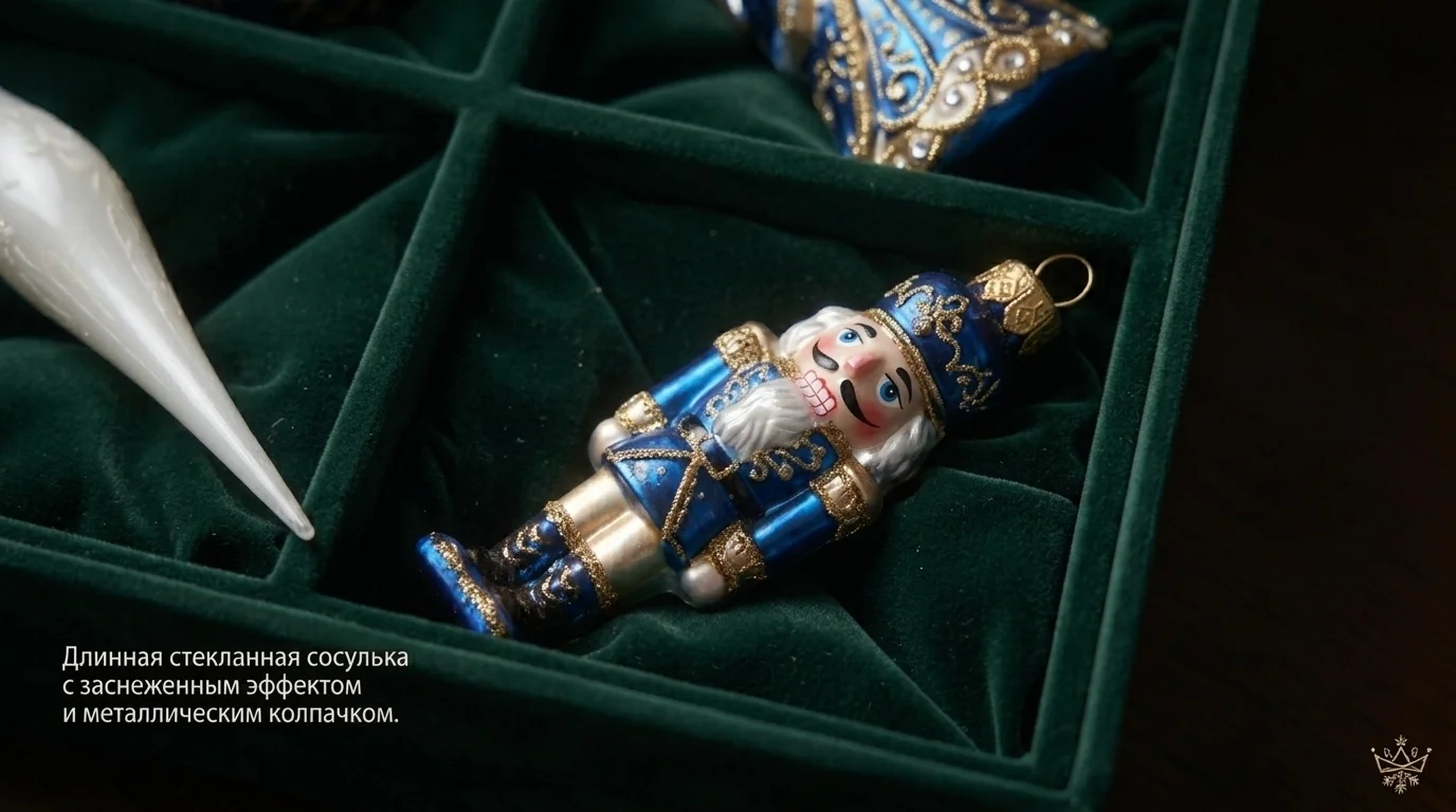 Стеклянная ёлочная игрушка в форме Щелкунчика в синем и золотом цветах
