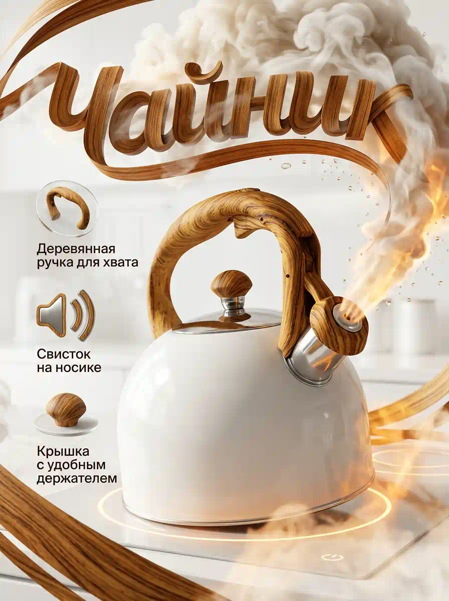 Карточка товара для маркетплейса: электрический чайник — дизайн главного фото с инфографикой о мощности и объёме, вертикальный формат 900×1200, создан в Метранпаже