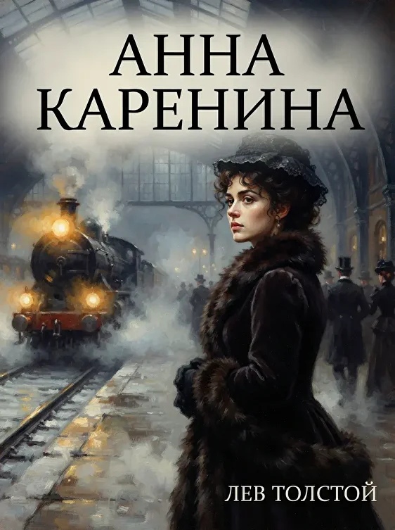 Обложка книги «Анна Каренина» без режима метафоры: буквальная сцена с вокзалом, обложка создана нейросетью в Метранпаже