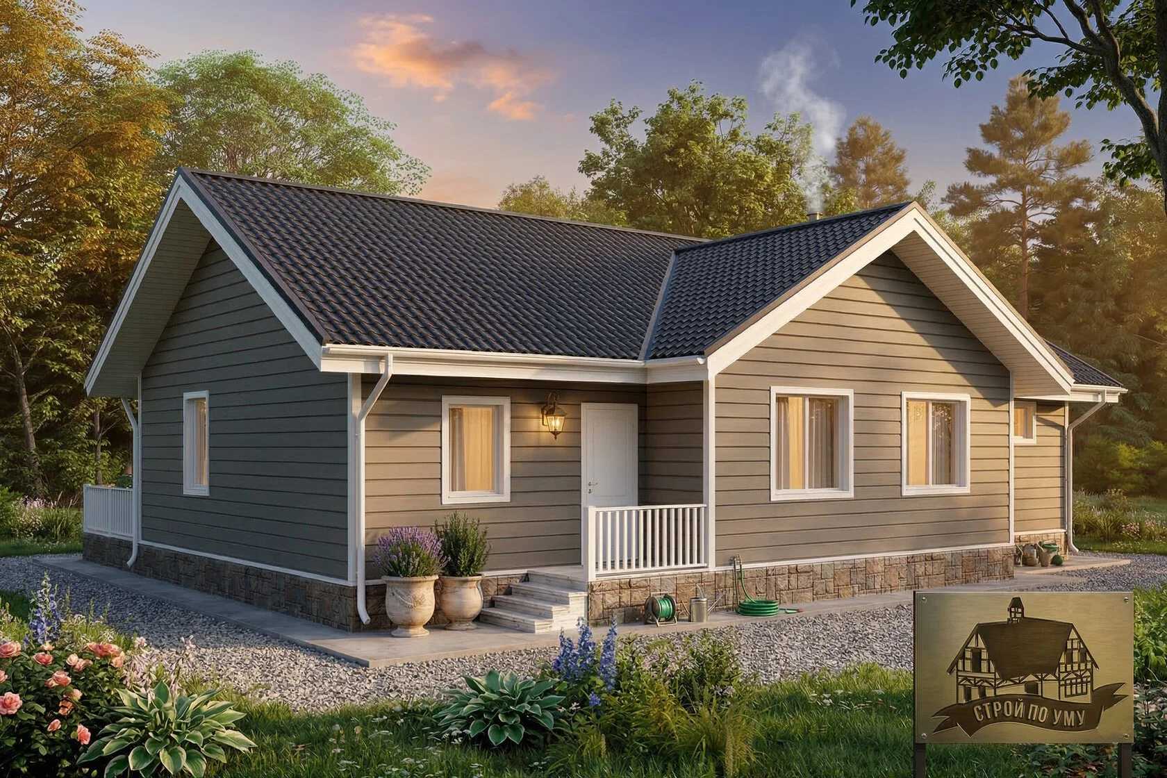 Каркасный дом «Корнет» — вид сзади, большая терраса 42 м²