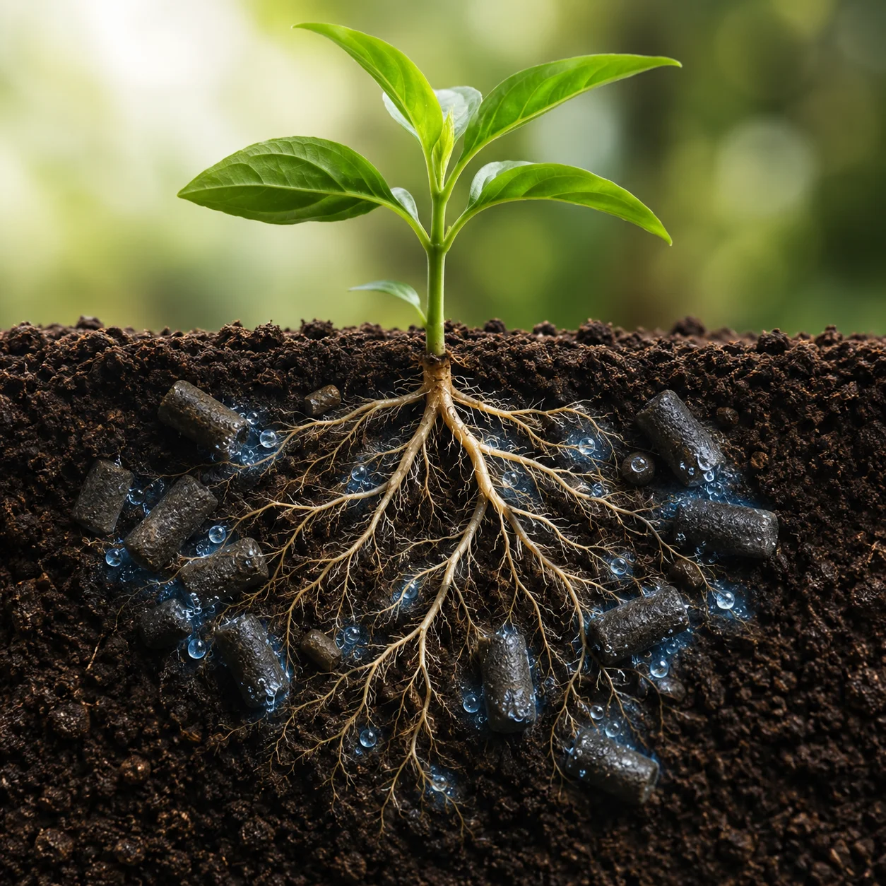 Pellets holding water close to the roots
