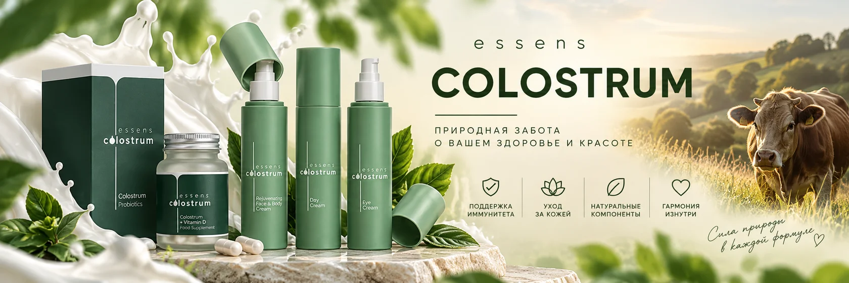 Продукция ESSENS Colostrum и Colostrum+ — уход за кожей и продукты с колострумом