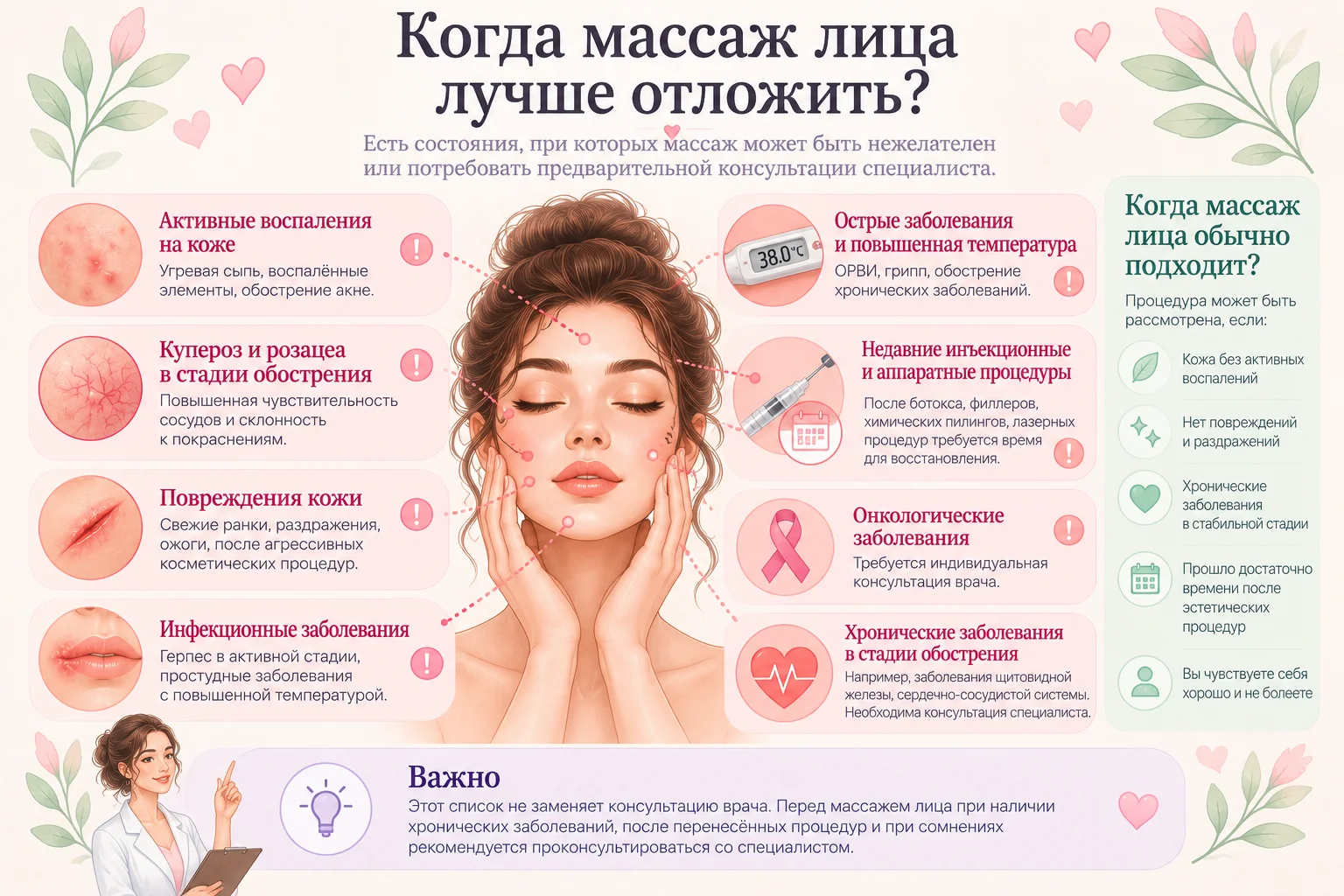 Ситуации, когда массаж лица лучше отложить или обсудить с врачом.