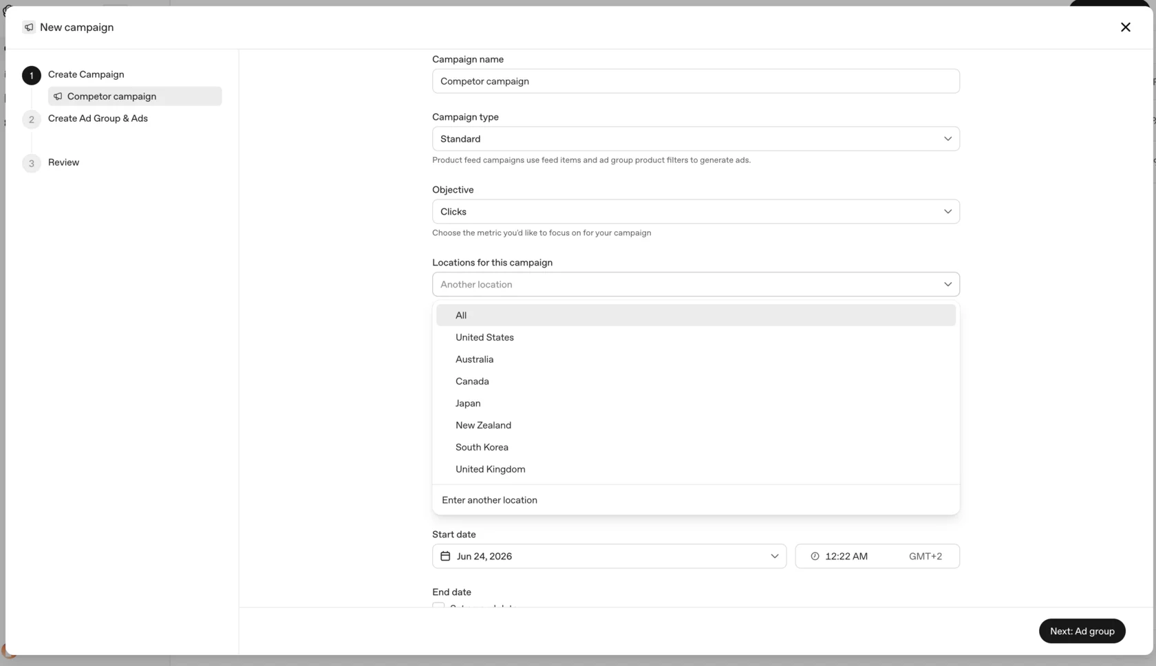 OpenAI Ads Manager — campaign creation flow showing location targeting dropdown with the seven live markets