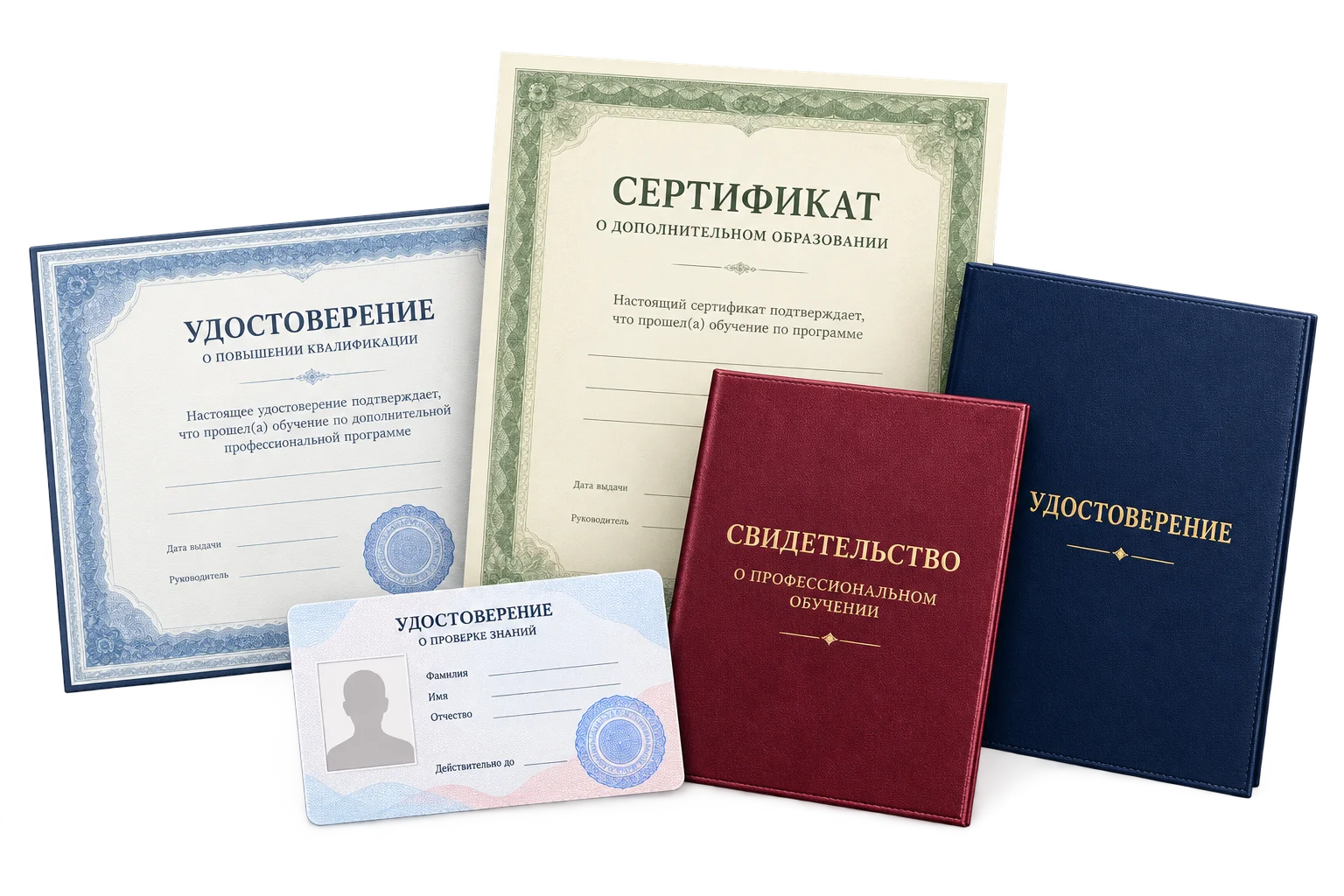 Удостоверение, свидетельство и корочки документов разных форматов