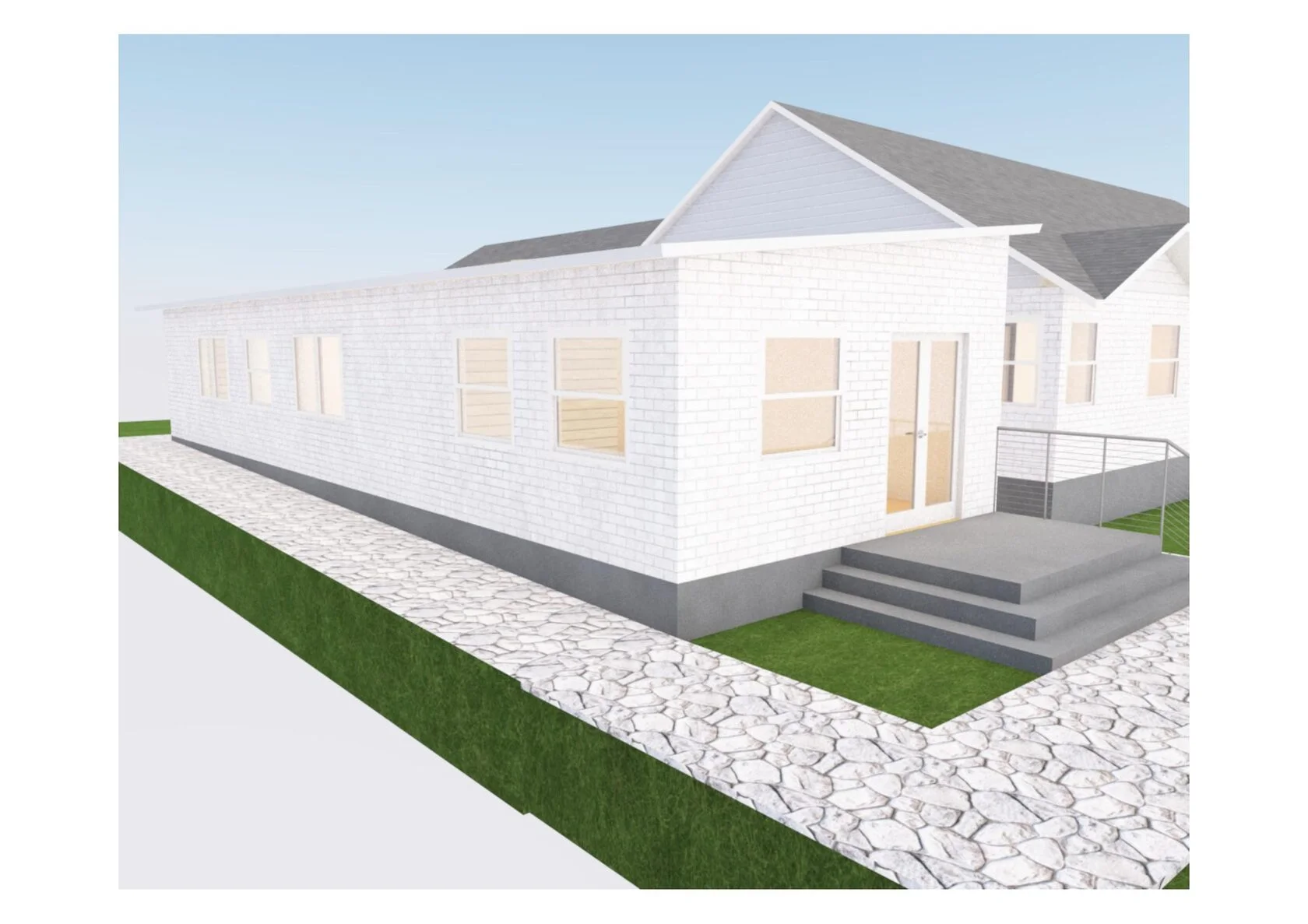 3D render of 854 sq ft ADU addition in Seattle View Ridge — street view with stone veneer and steel roof