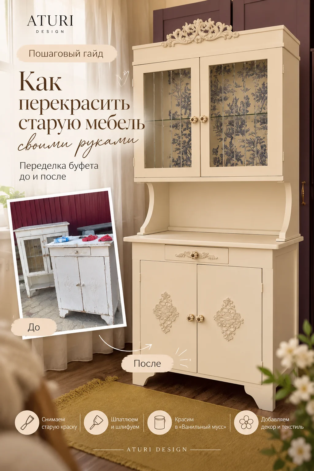 Обложка мастер-класса Aturi Design: переделка старого буфета до и после