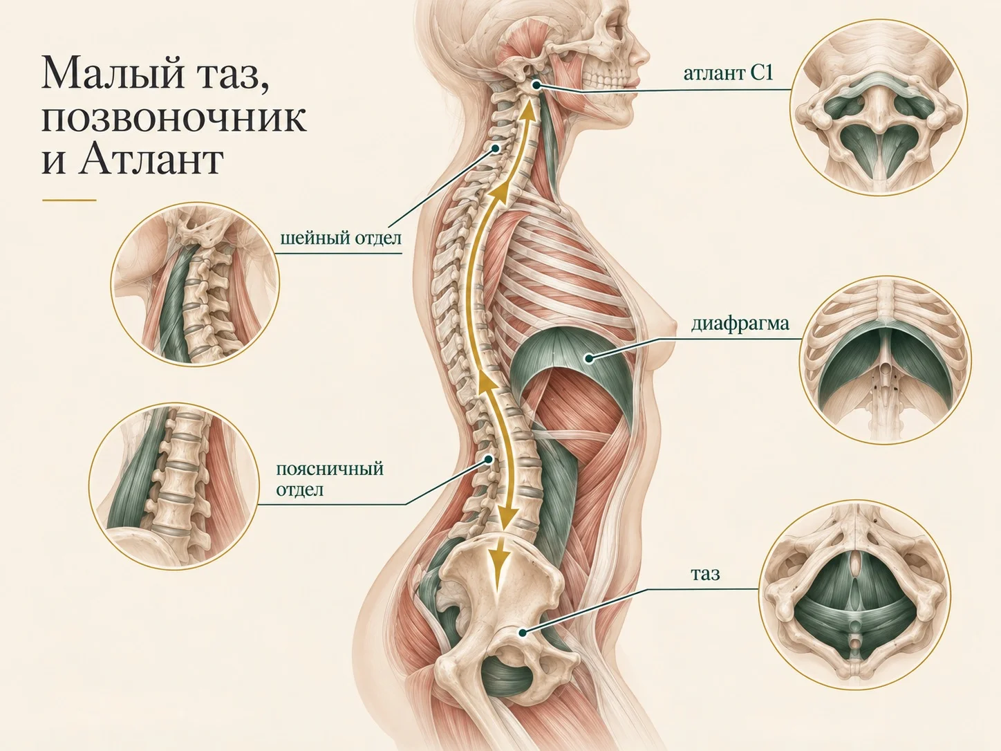 Связь малого таза, позвоночника, диафрагмы, шейного отдела и атланта C1