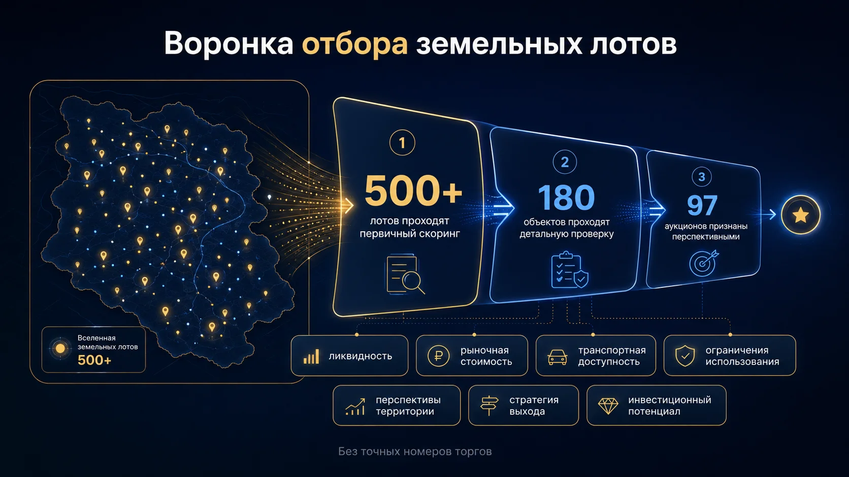 Воронка отбора земельных лотов: первичный скоринг, детальная проверка и перспективные аукционы