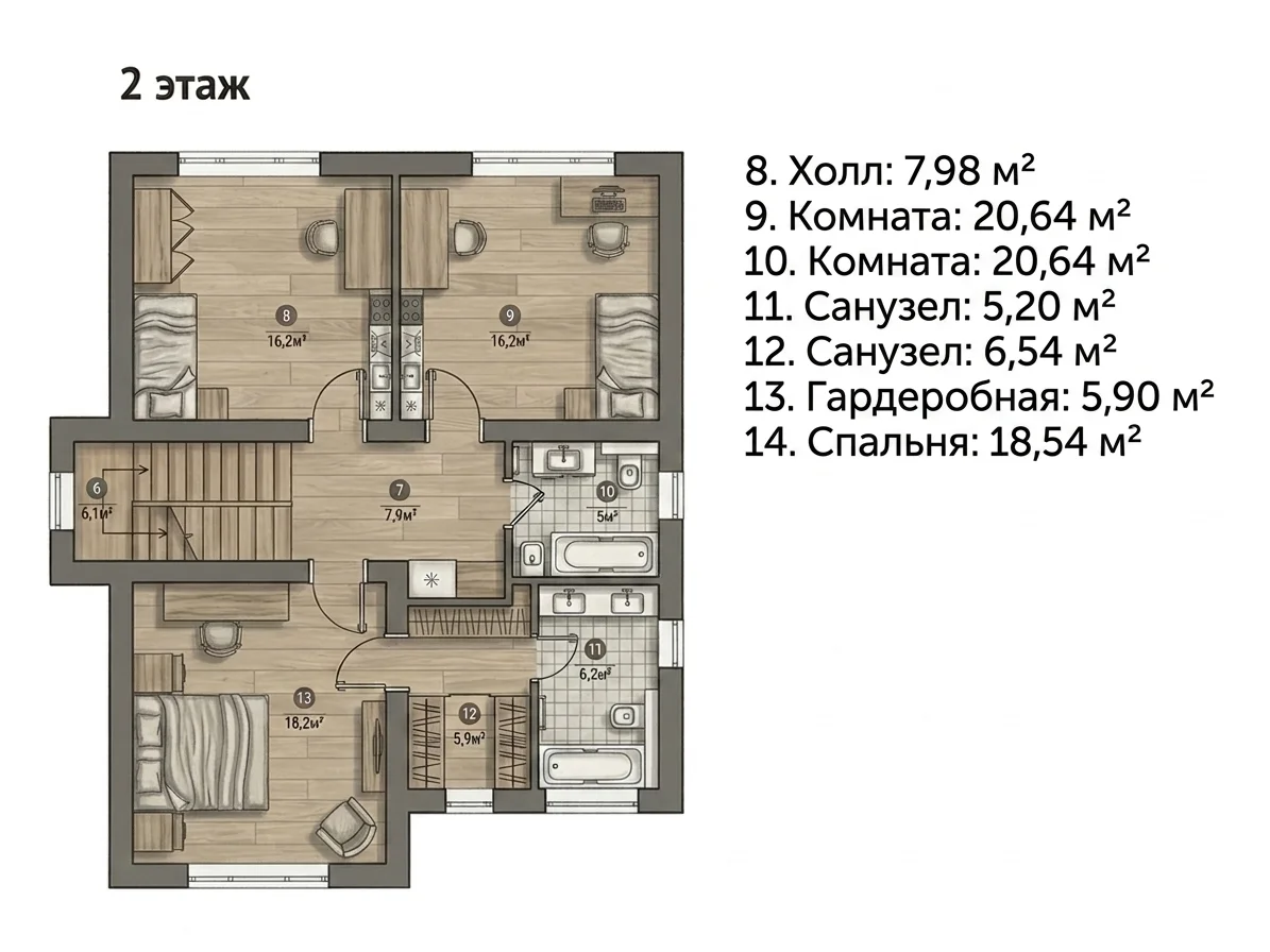 Планировка 2 этажа коттеджа 180 м² Екатерининская 16 Вартемяги ONE