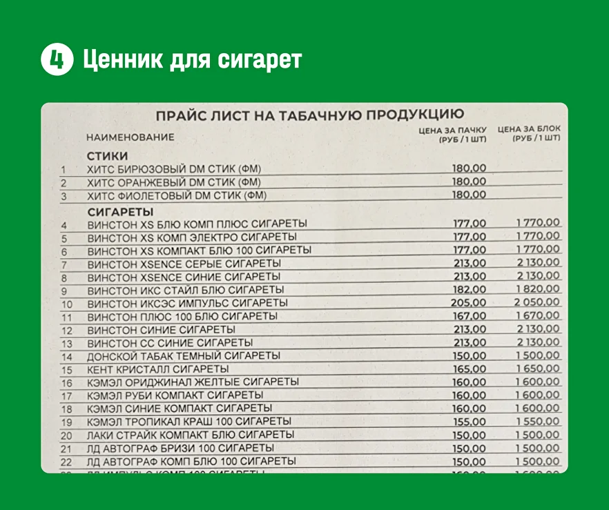 Прайс-лист для табачной продукции