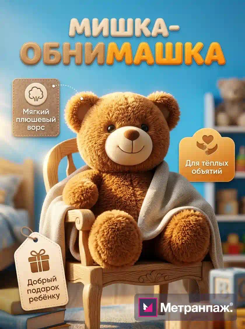 Карточка товара для маркетплейса: плюшевый мишка — дизайн карточки с крупным заголовком и иконками преимуществ игрушки, вертикальный формат для Wildberries, создан в Метранпаже