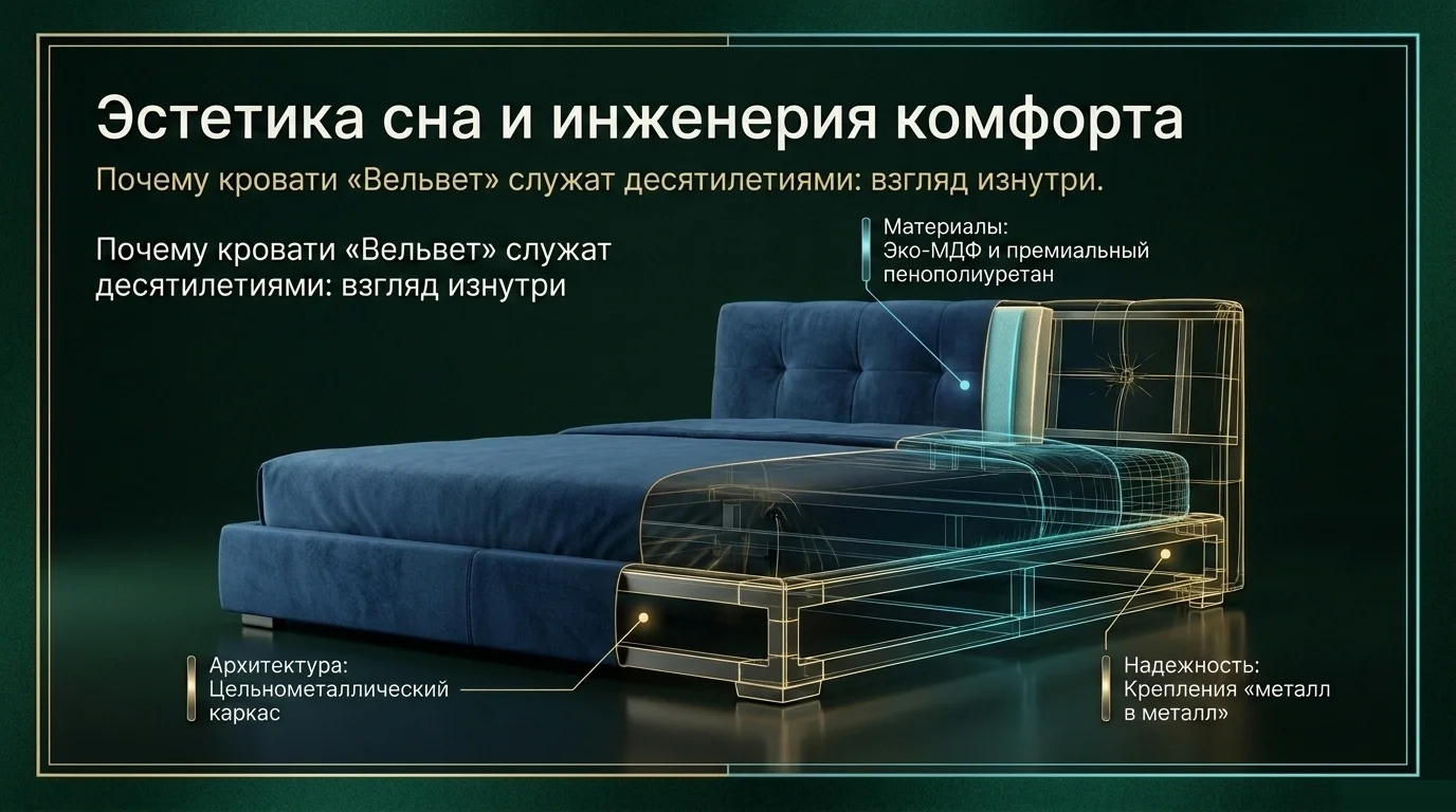Кровать на заказ в разрезе: каркас, изголовье и крепления скрыты под обивкой
