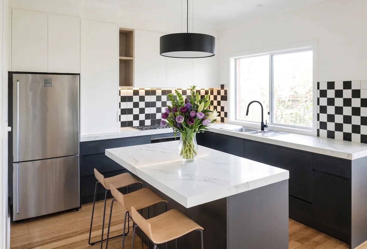 U-shaped kitchen from front showing gas cooktop, Miele oven, zellige backsplash, black and white cabinets — Renton WA