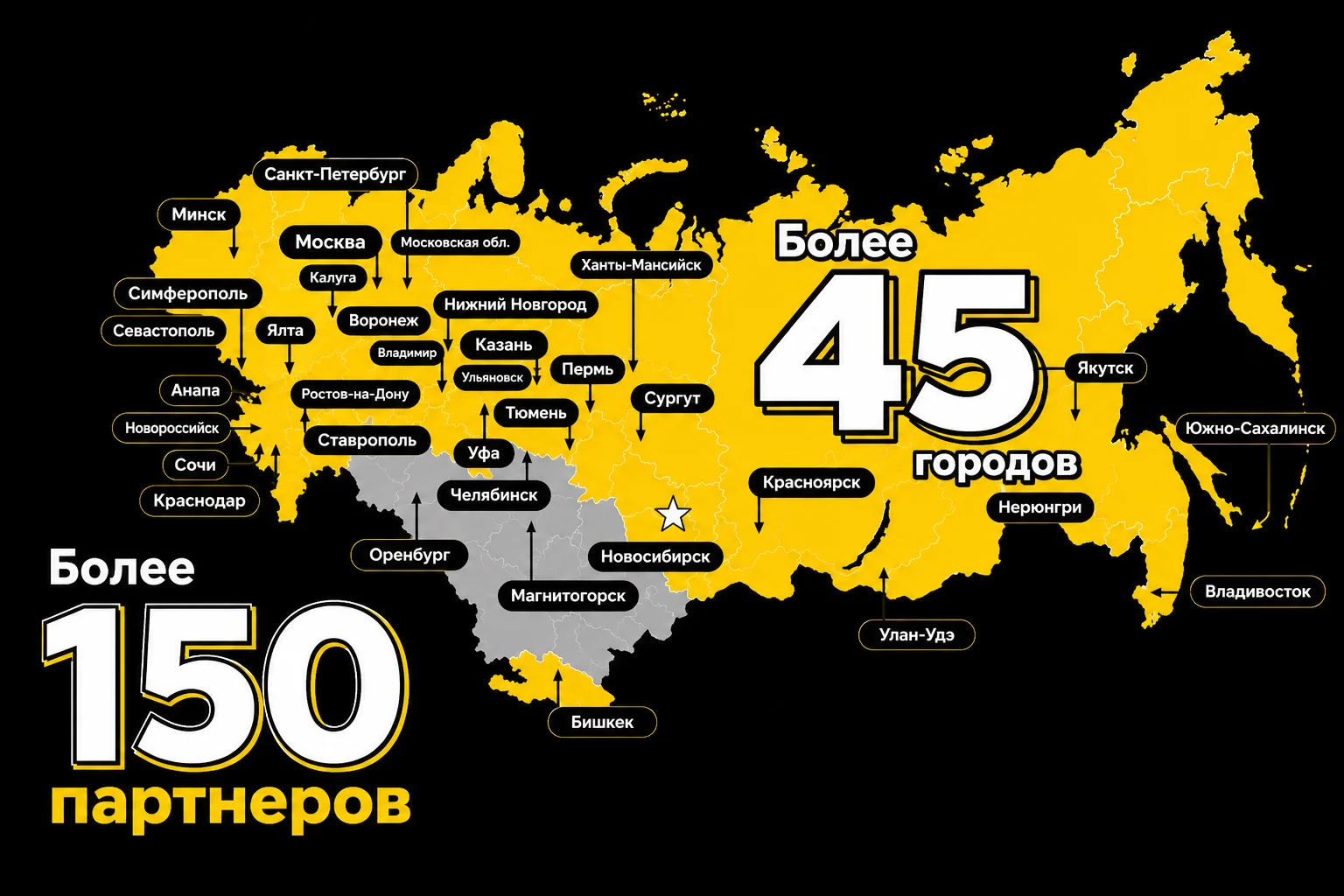 География клиентов — более 100 клиентов в 40+ городах