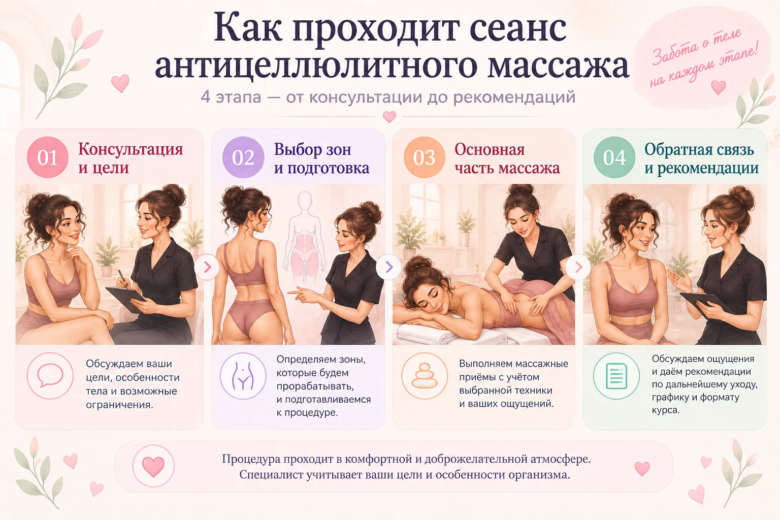 Четыре этапа сеанса антицеллюлитного массажа