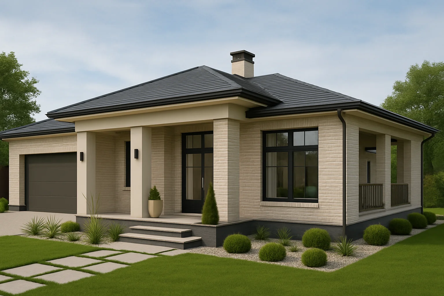 Современный одноэтажный кирпичный дом 120 м² в greige-кирпиче с графитовой вальмовой крышей и чёрными окнами