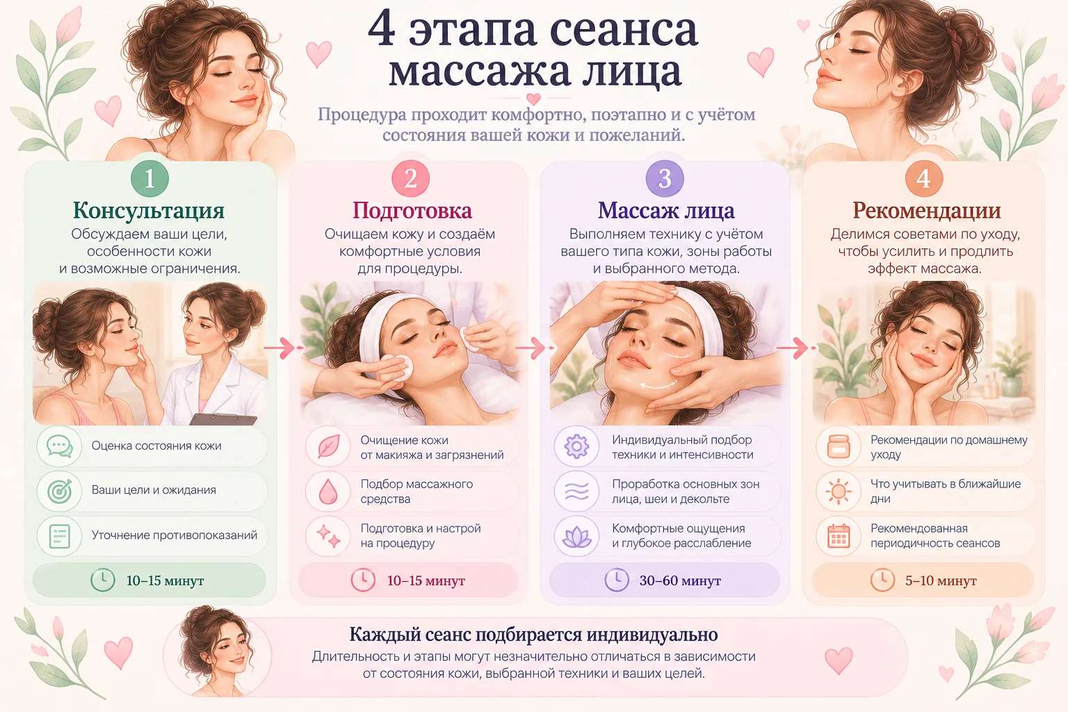 Четыре этапа сеанса массажа лица.
