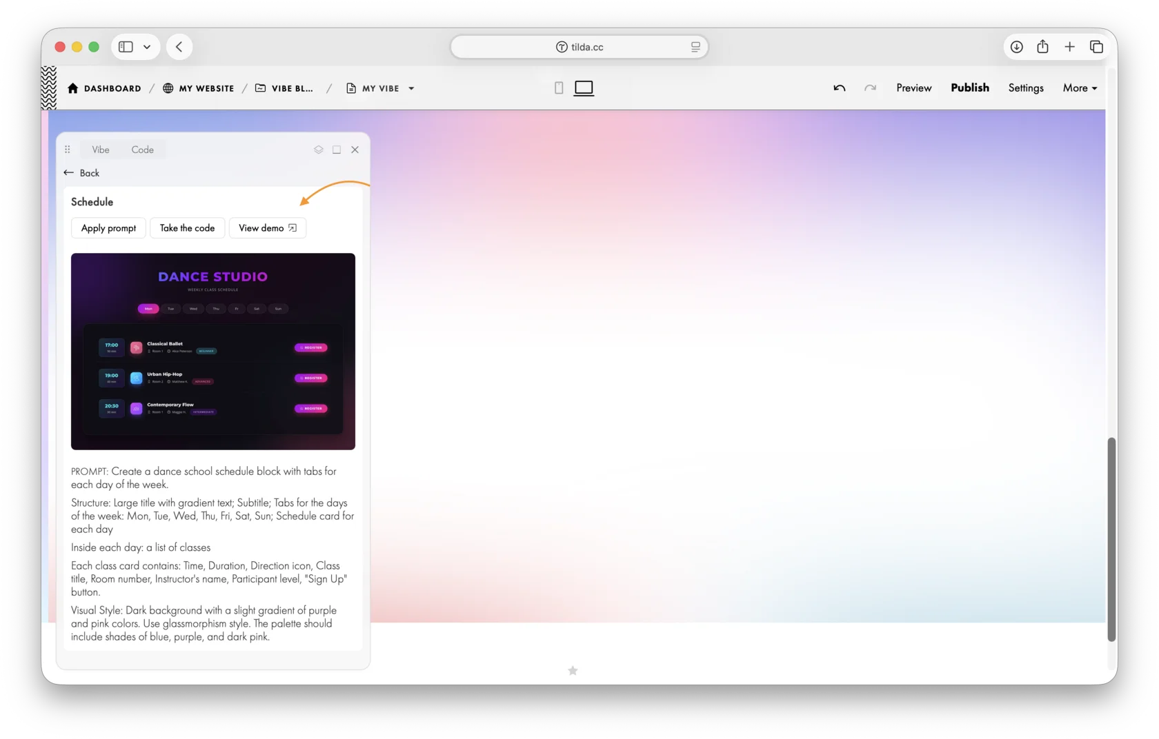 Vibe Block panel: the "View demo" button next to "Apply prompt" and "Take the code".
