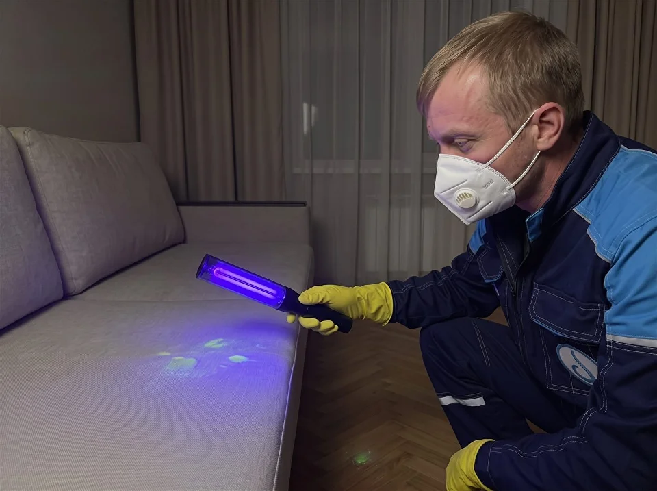 Мастер подсвечивает УФ-лампой диван: светятся следы кошачьей мочи