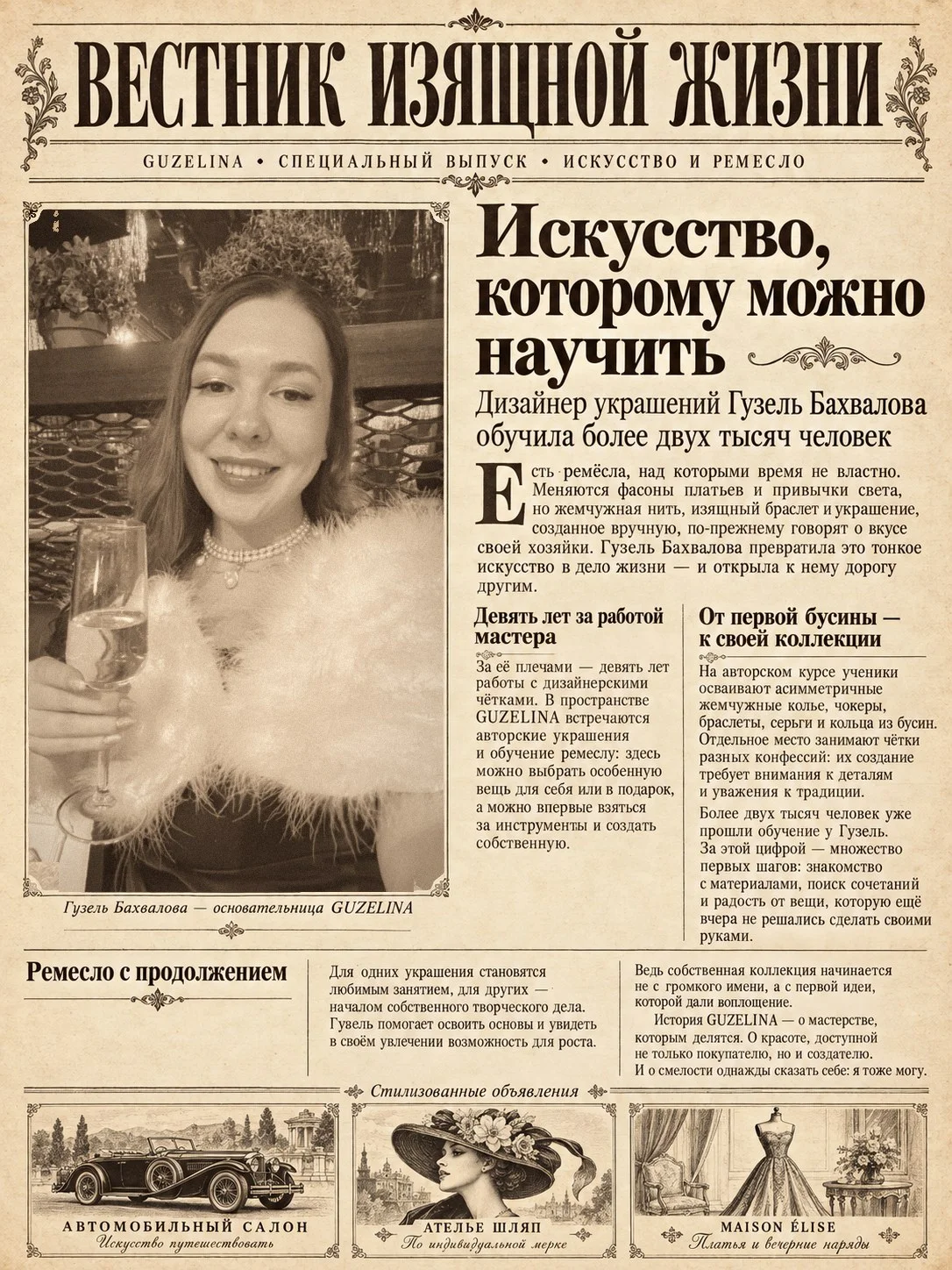 Газета «Вестник изящной жизни», специальный выпуск GUZELINA: статья «Искусство, которому можно научить» о дизайнере украшений Гузель Бахваловой