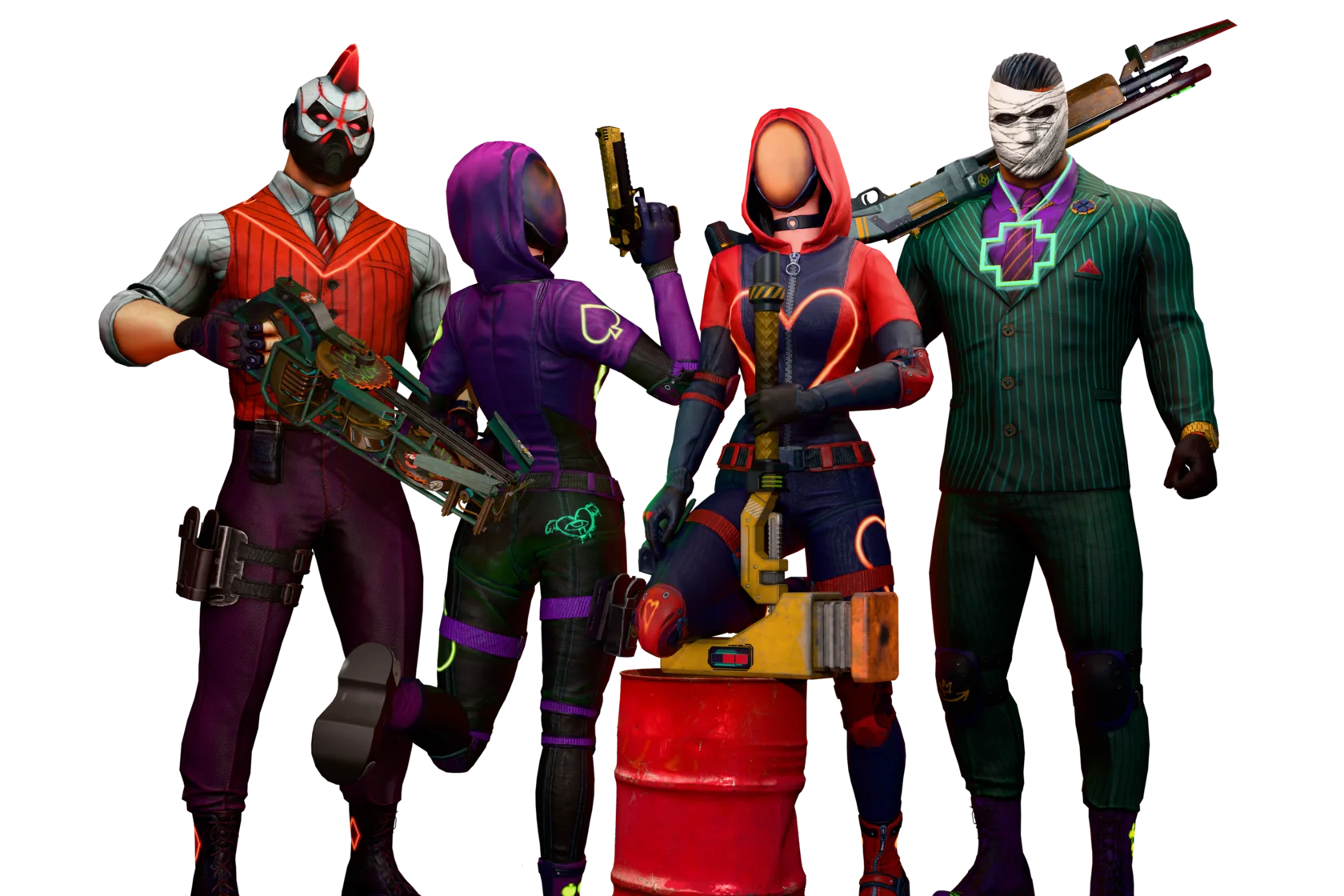 Vegas VR game - all four unique characters together: boss in green suit, female agent in purple, mercenary in red vest, stealth operative in red and black suit