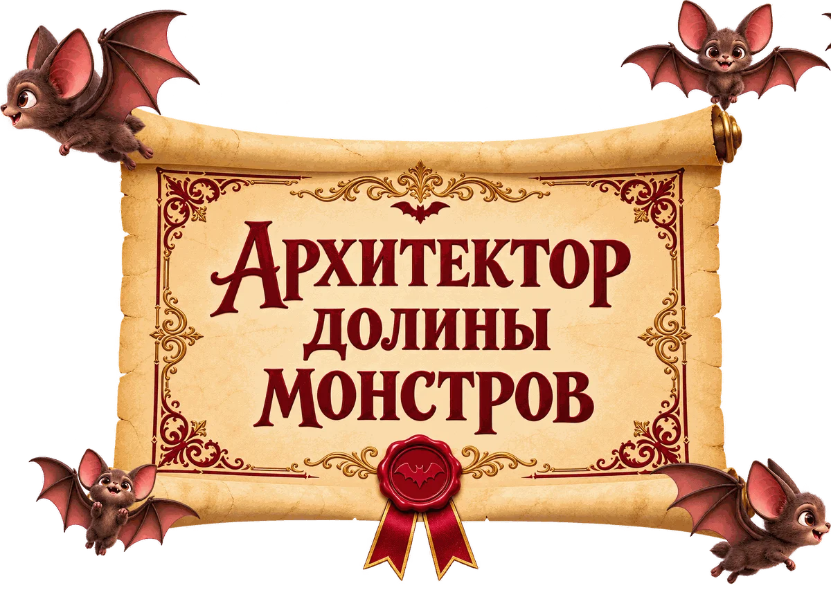 Диплом «Архитектор Долины монстров» в окружении летучих мышей