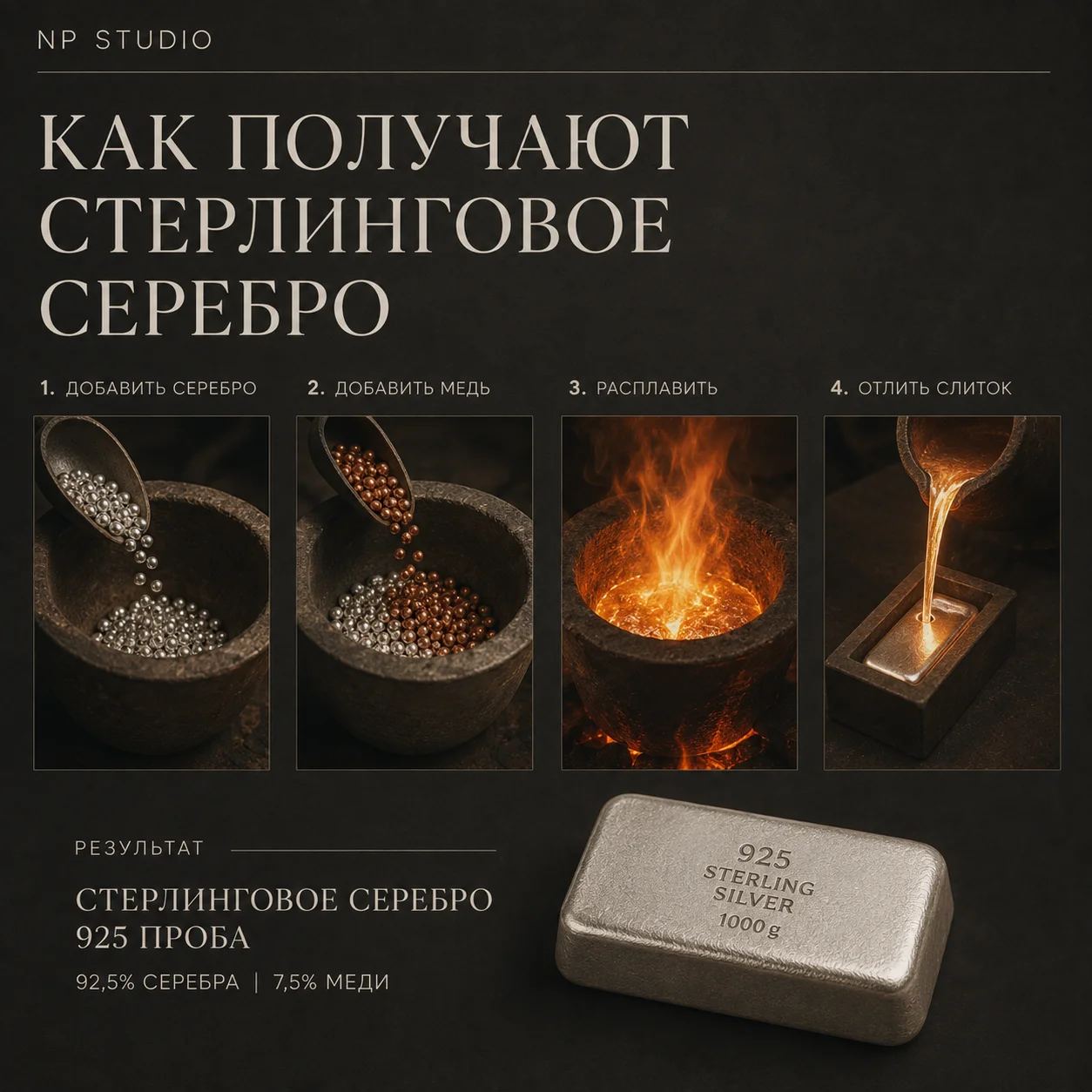 Слиток чистого серебра и серебряные гранулы для изготовления сплава 925 пробы