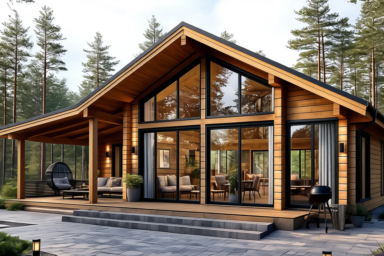 Дом из клеёного бруса 125 м² с панорамным фронтоном и террасой в сосновом лесу