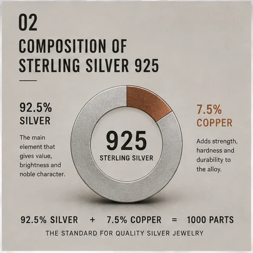 Sterling silver 925 composition showing 92.5 percent silver and 7.5 percent copper