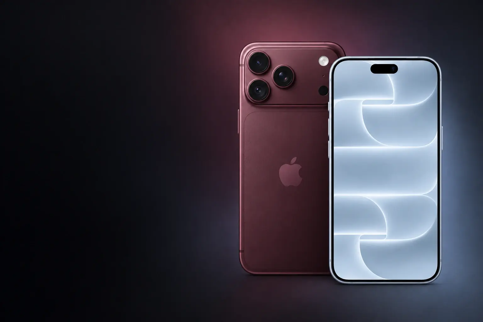 Бордовый iPhone сзади и голубой iPhone спереди на графитовом фоне