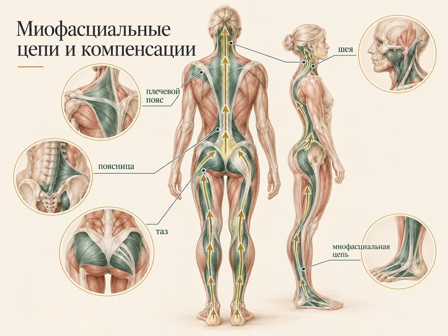 Миофасциальные цепи и компенсации от стоп и таза к пояснице, плечевому поясу и шее