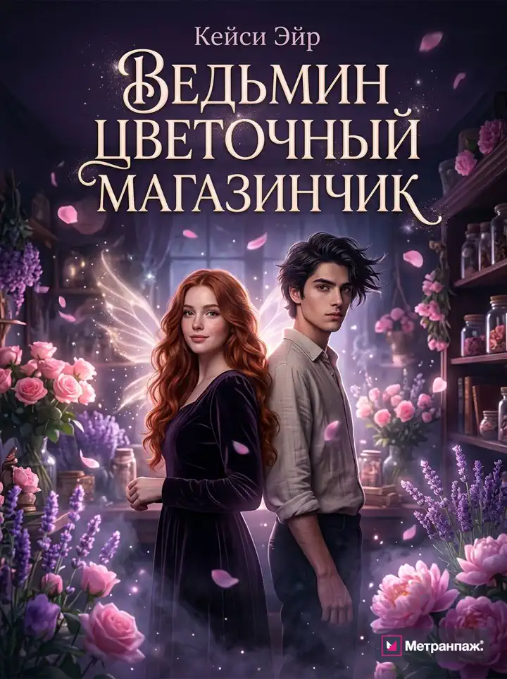 Обложка книги «Ведьмин цветочный магазин» в жанре уютного фэнтези, сделана в Метранпаже
