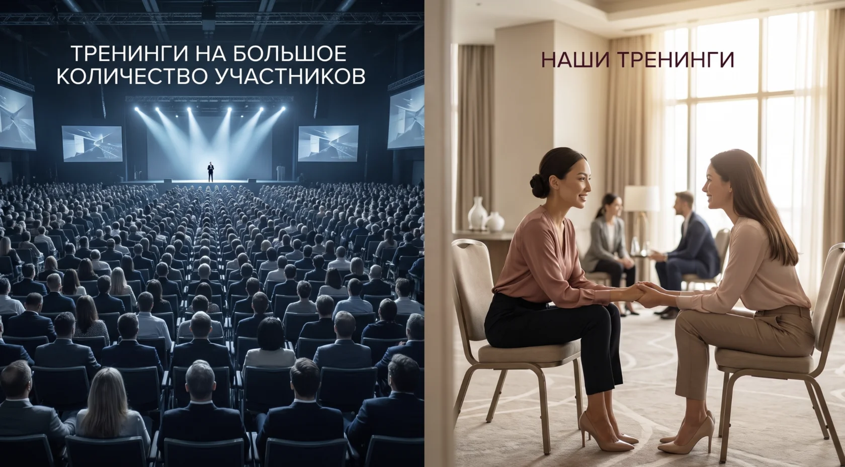 Сравнение: большой зал участников и личная работа в паре