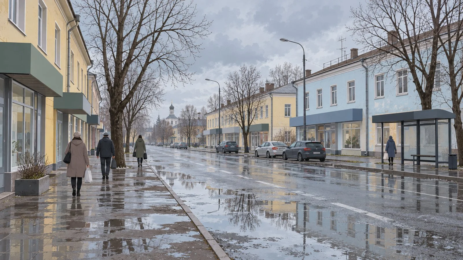 Торговая улица небольшого города: первые этажи заняты магазинами