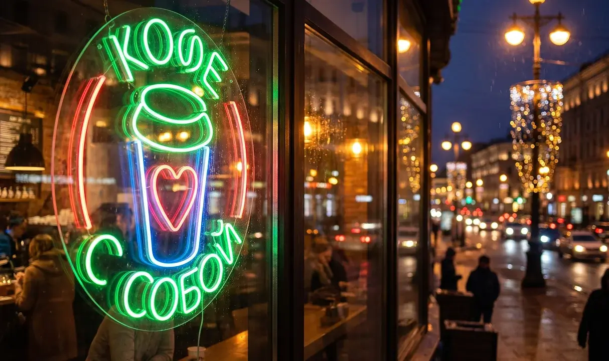 Уличная неоновая вывеска в непогоду