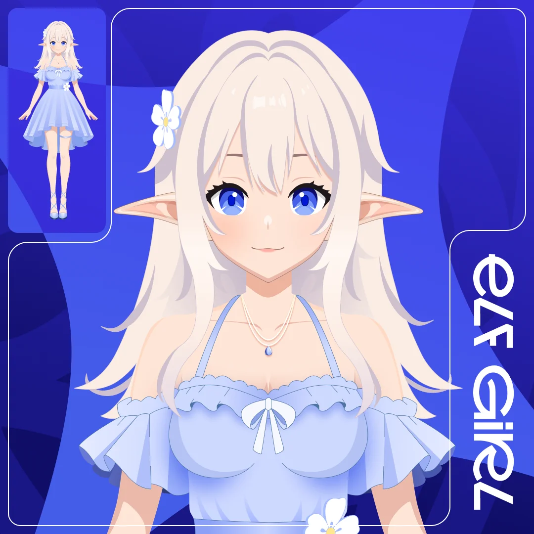 VTuber модель эльфийки в голубом платье