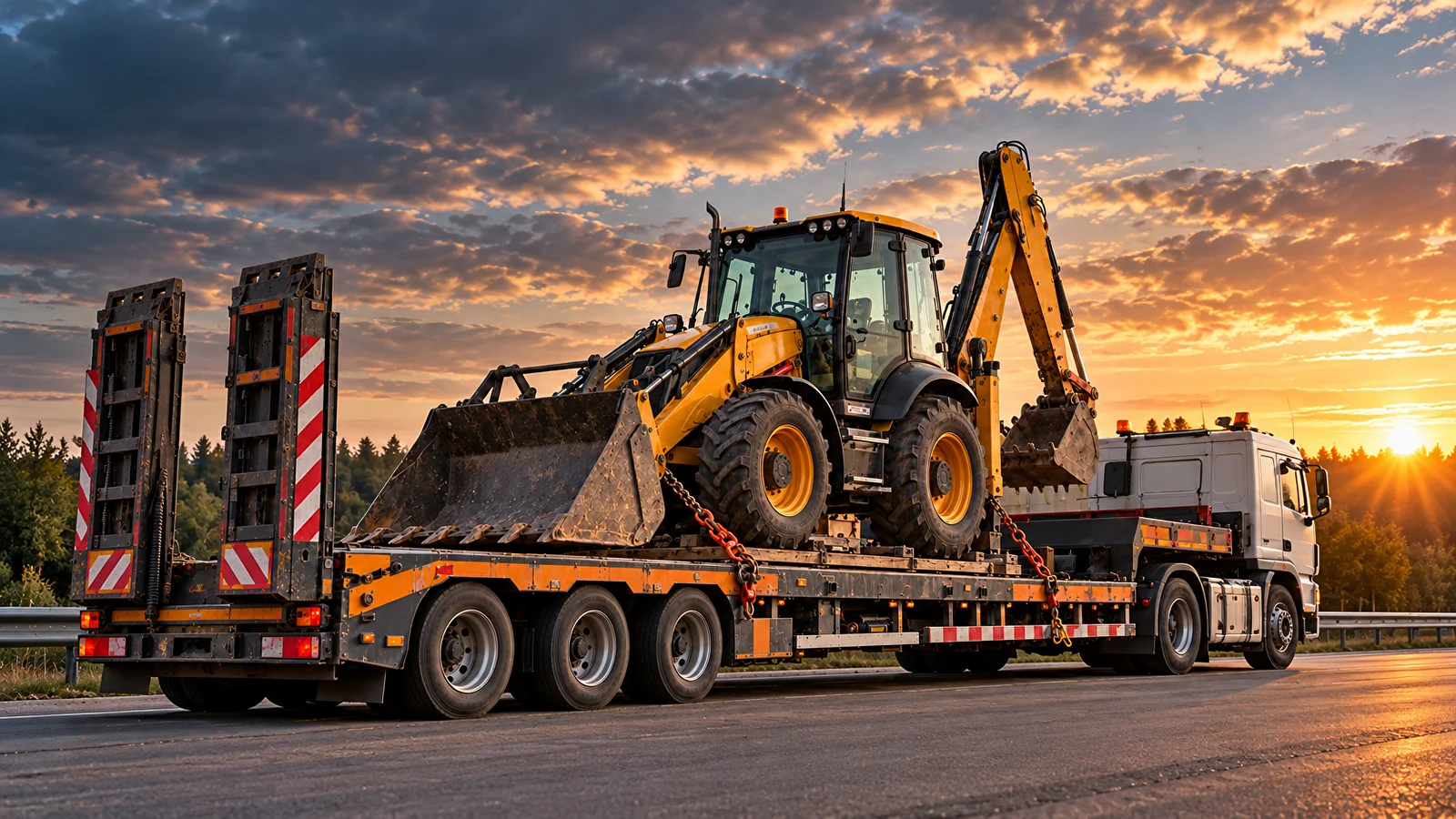 Экскаватор-погрузчик JCB на трале при перевозке спецтехники на закате